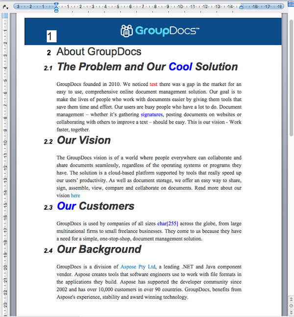 Word documents comparison result