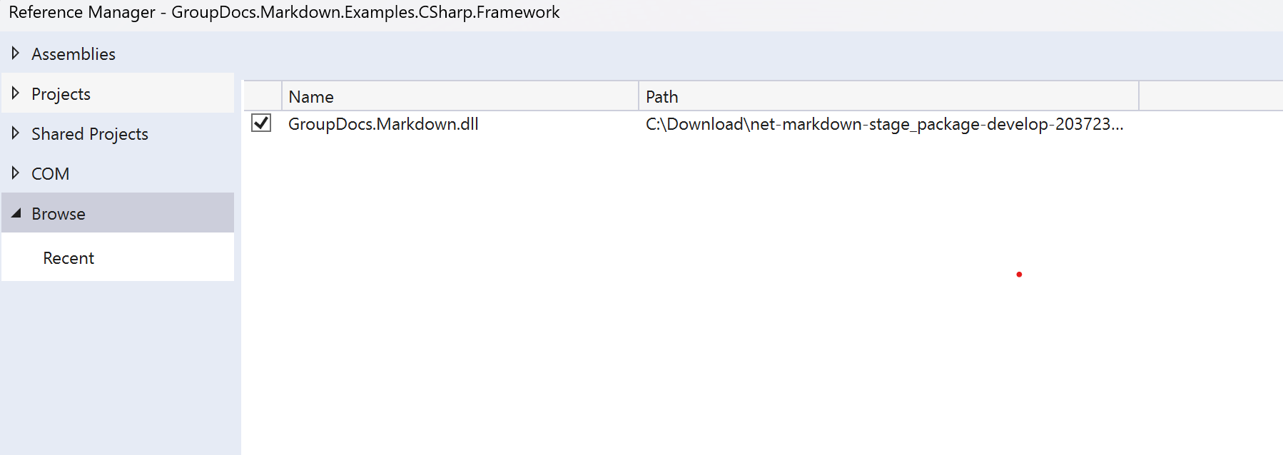 Browse for the GroupDocs.Markdown assembly