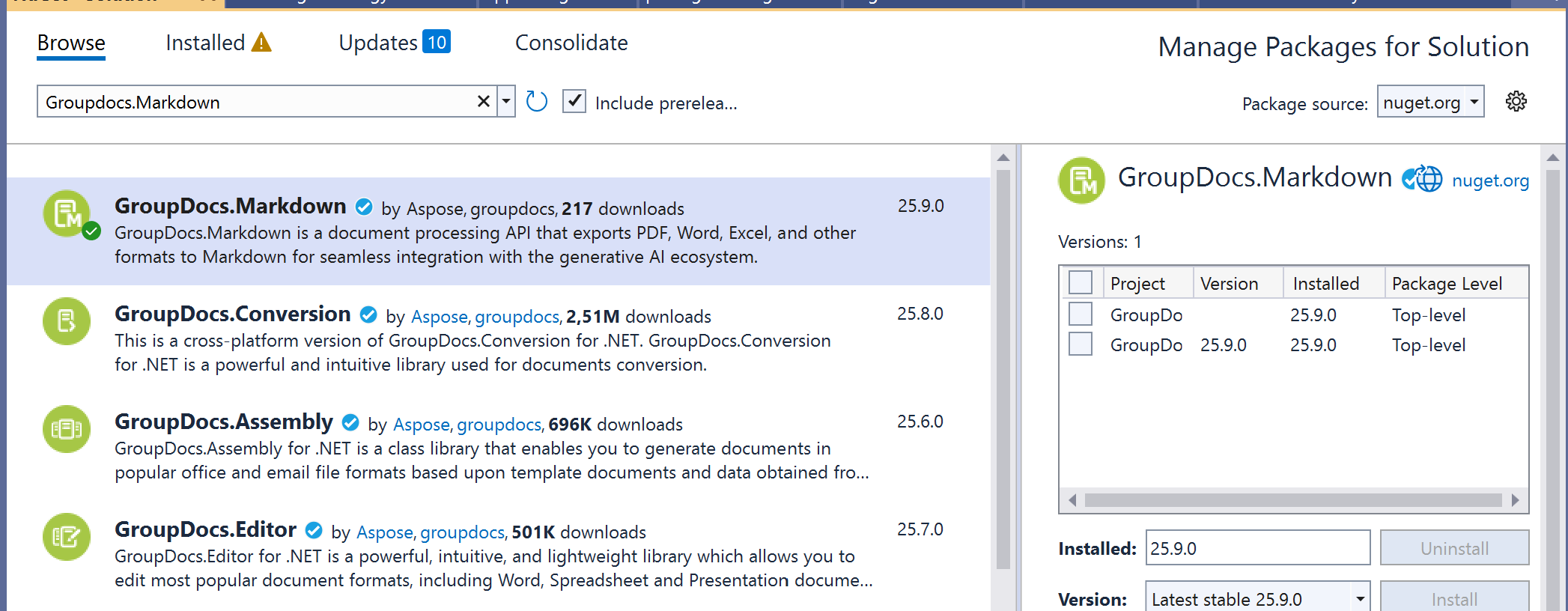 Install NuGet packages in Visual Studio