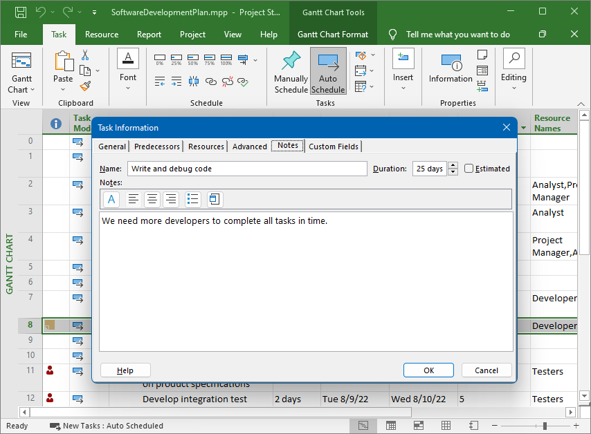 Speaker notes in Microsoft Project