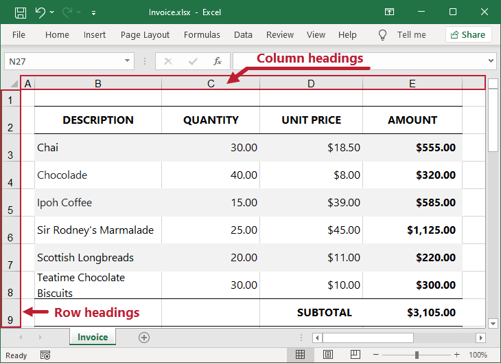 Row and column headings in a worksheet