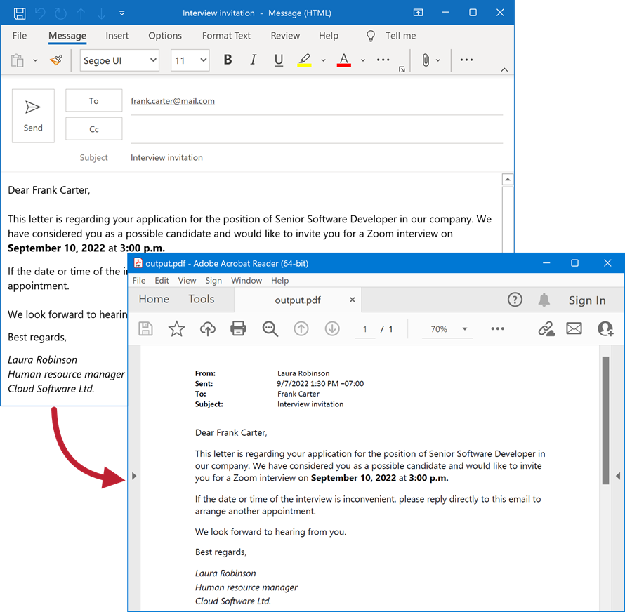 Render an email message to PDF