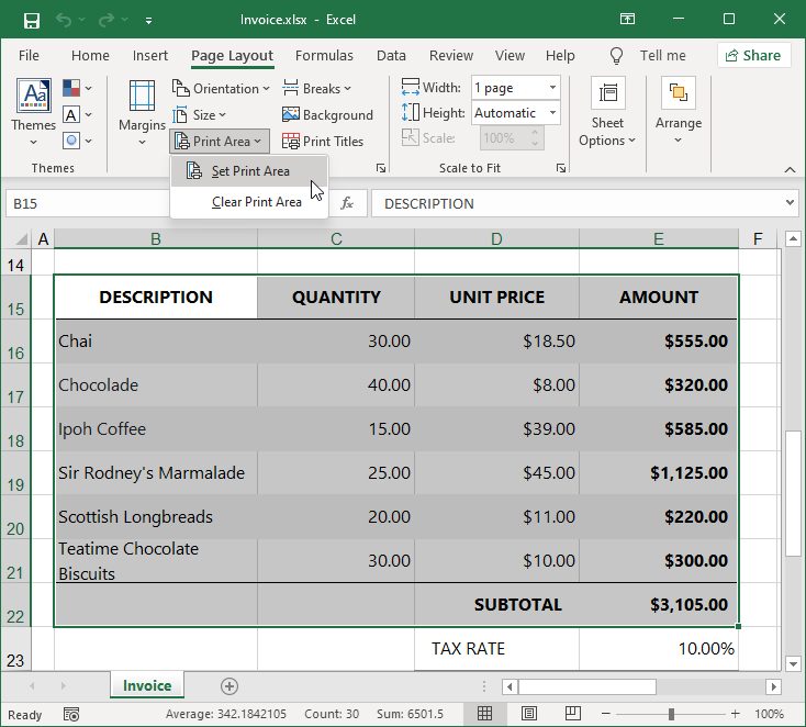 Specify a print area in Microsoft Excel