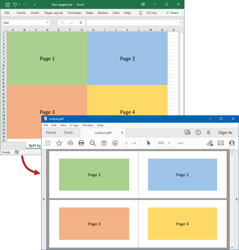 Break a worksheet into four pages