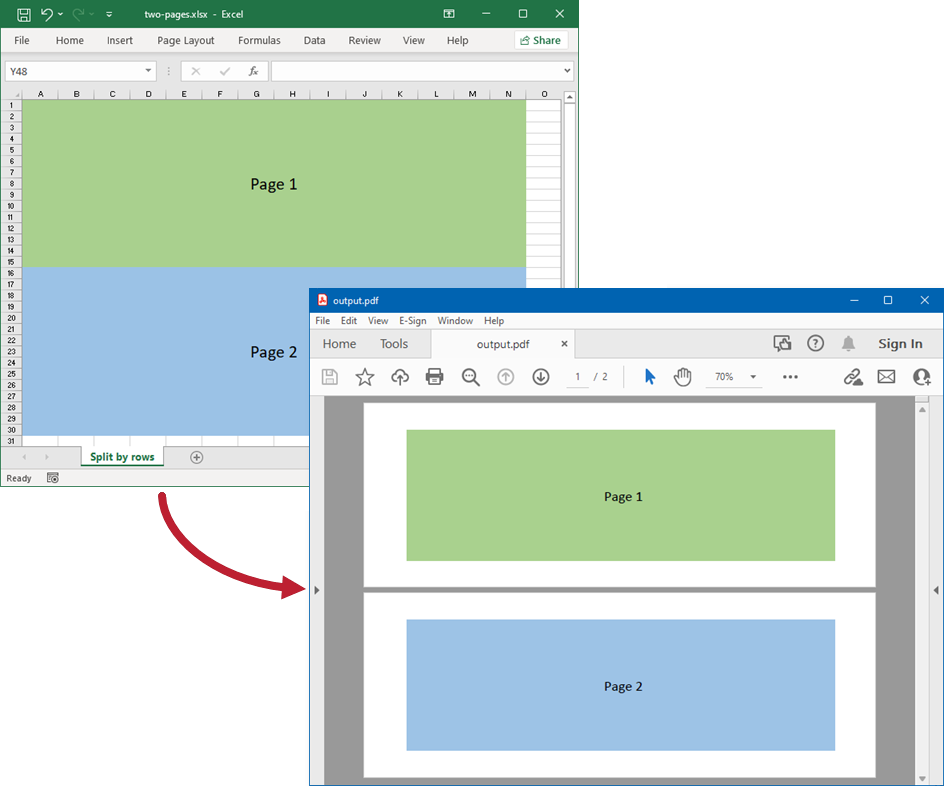 Break a worksheet into two pages